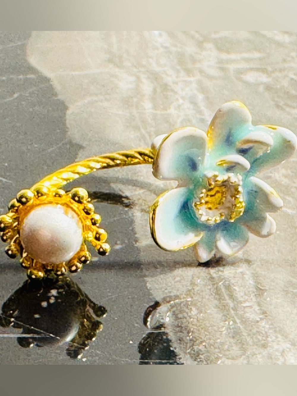 NWT Gold Plated Blue Enamel Flower & Pearl Accent Ring